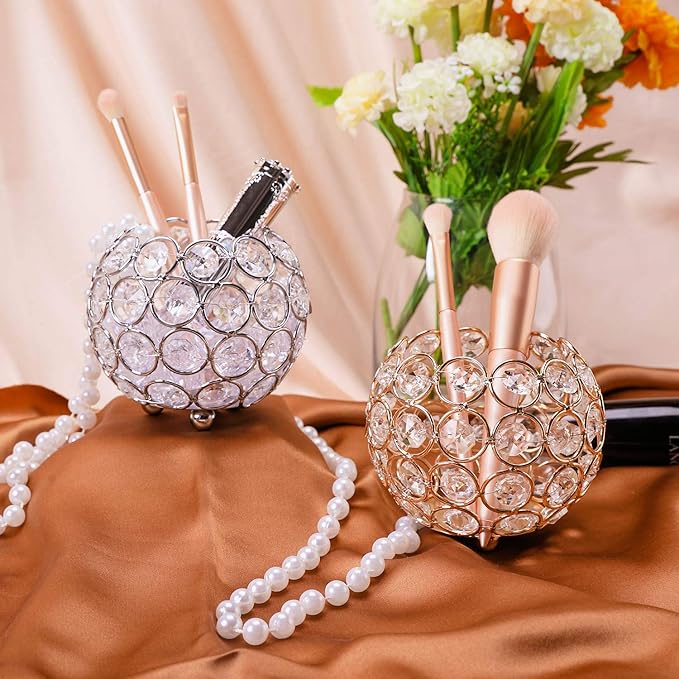 Crystal Makeup Brush Holder Organizer Cosmetics Brushes Storage Cup Handcrafted Pen Pencil Holder Storage Box Container (Gold, Spherical)