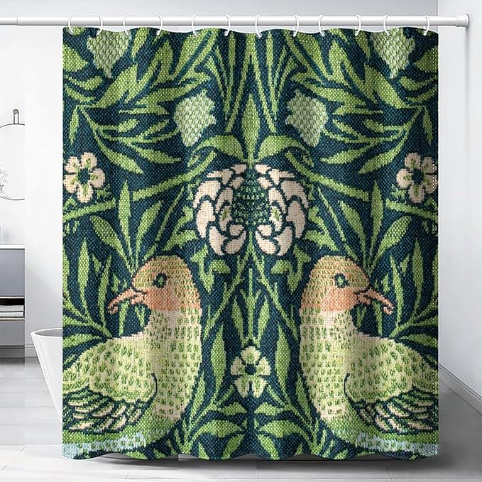 Boho Bird Shower Curtain William Morris Art Print Retro Bird Plant Natural Flower Pattern Print Shower Curtains 72""×72"" Inch, Style-6