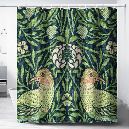 Boho Bird Shower Curtain William Morris Art Print Retro Bird Plant Natural Flower Pattern Print Shower Curtains 72""×72"" Inch, Style-6