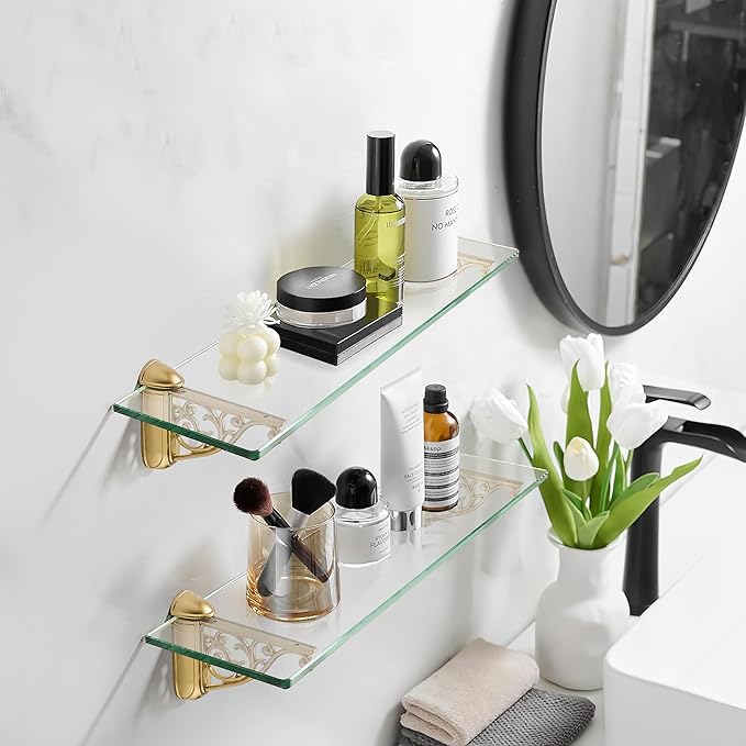 khtumeware 24 Inches Glass Shelves for Bathroom, Brushed Gold Floating Glass Shelf Zinc Tempered Glass Bathroom Shelves for Wall Mount Modern