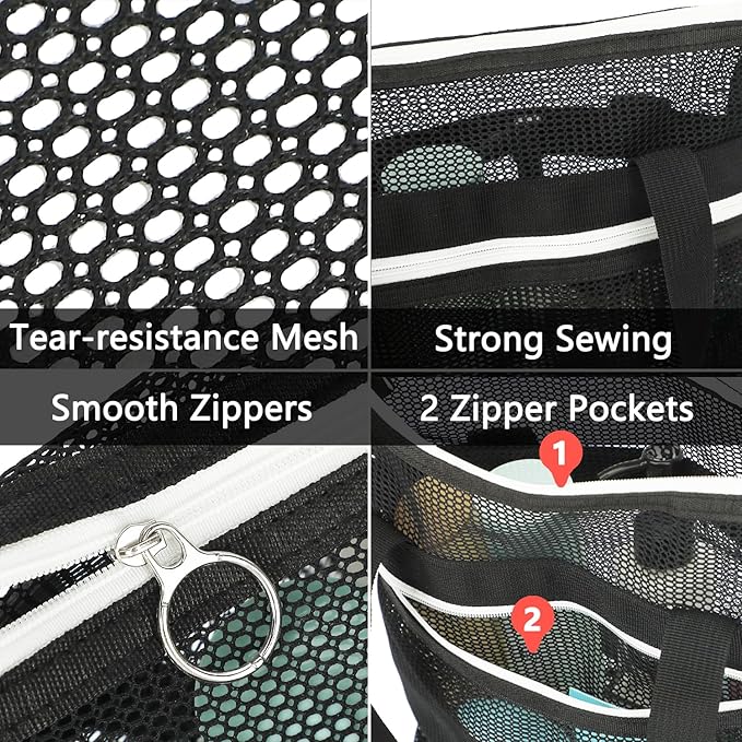 Fammart Mesh Shower Caddy Portable with Zipper & 2 Pockets - Quick Dry Shower Bag Toiletry Tote Hanging for Travel Gym Camp Beach - Organizer Bag Bathroom Essentials for College Dorm