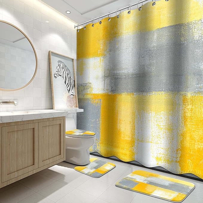 Lnond 4Pcs Yllow Bathroom Shower Curtain Sets with Rugs, Yellow Grey Abstract Painting Bathroom Sets with Shower Curtain and Rugs and Accessories