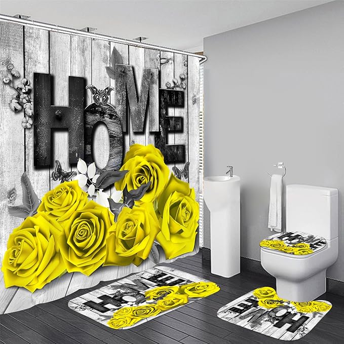 Yddsky Yellow Rose Valentines 4 Pcs Shower Curtain Sets Non-Slip Rugs Bath Mat Toilet Cover U Shaped Mat Romantic Yellow Bathroom Decor with 12 Hooks Valentines Day Bathroom Set