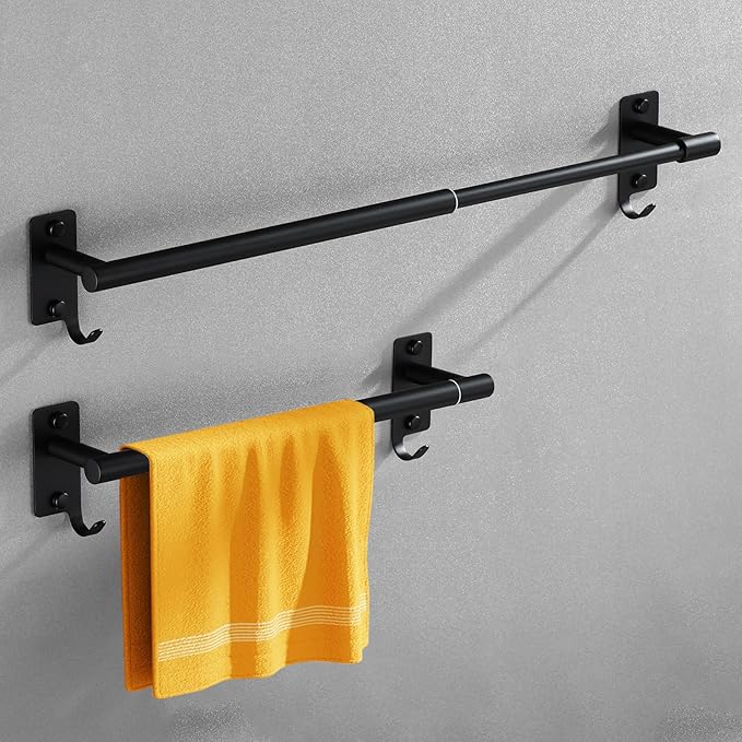Adjustable Towel Rack for Bathroom, Stainless Steel Sturdy Towel Bar Rod (14.5”-23.6”) Wall Mount, Rustproof Towel Holder with Hanger Hook, Space-Saving Towel Rail for Bathroom Kitchen - Black