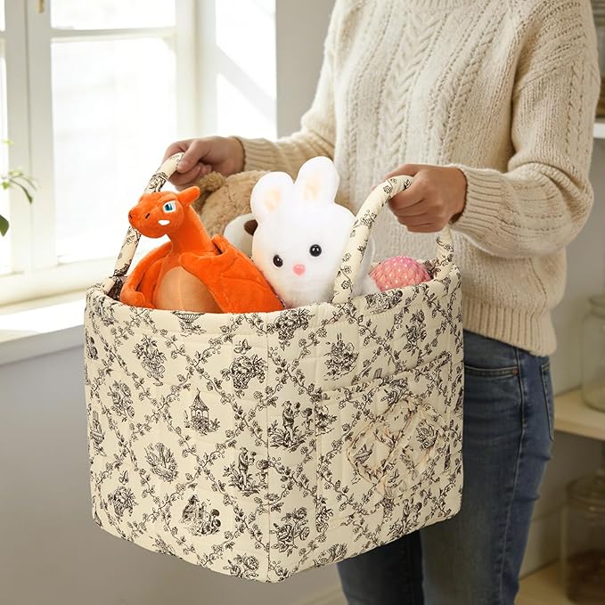 Quilted Fabric Basket Car Storage Basket Boho Floral Laundry Hamper for Nursery Bedroom & Living Room | Organize Clothes Toys