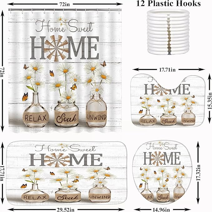 ALEXEX 4 PCS White Daisy Shower Curtain Sets,Home Sweet Bathroom Set with Shower Curtain and Rugs and Accessories,Farmhouse Country Shower Curtain Bathroom Decor with 12 Hooks,72 X 72 Inches