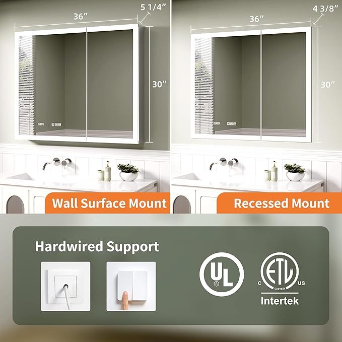 LED Medicine Cabinet Mirror, 36 x 30 Inch Inch Bathroom Storage, Recessed/Wall Mount, Plug-in/Hardwired, 3 Color Dimmable Light, Anti-Fog, Time Temp Display