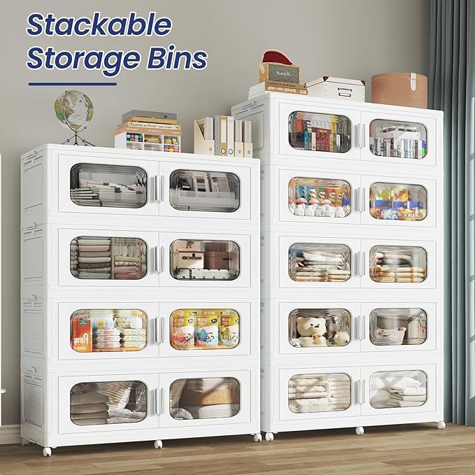 250Gal Extra Large Stackable Storage Bins with Lid & Wheels & Doors, 200QT/50GAL 5-Tiers Collapsible Closet Organizers Plastic Containers Drawers Boxes for Home Kitchen Bedroom, White