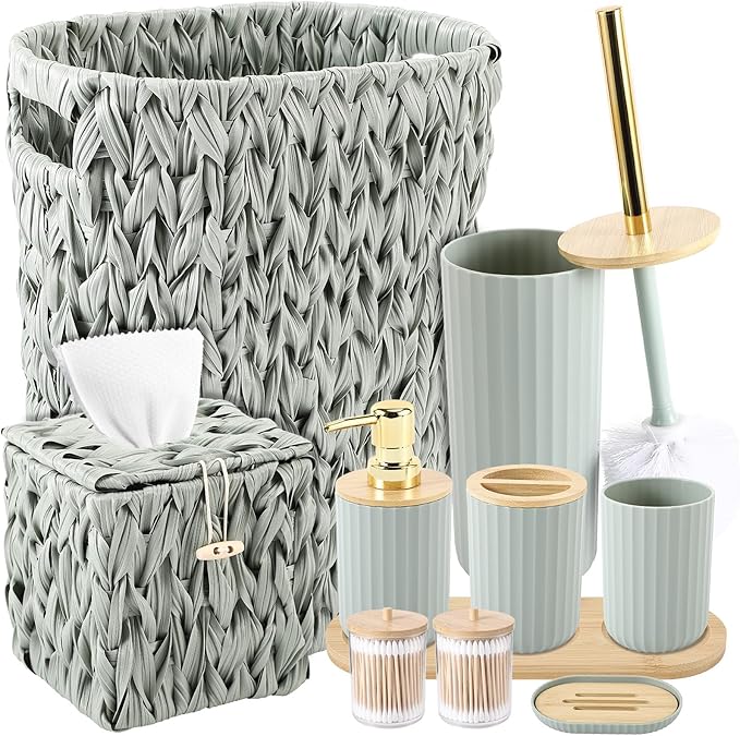 Bathroom Accessory Set, 10 Pieces Bath Set- Wicker Trash Can Tissue Box Soap Dish Toothbrush Holder Rinse Cup Lotion Bottle Toilet Brush Qtip Holder - Practical Bathroom Decor Sets (Green, Bath Set)