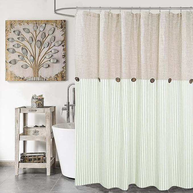Farmhouse Shower Curtain,Beige and Green Stripe,Button Curtain,Linen and Cotton Blend Fabric,Rustic Charm Country Chic Style,72x72 in