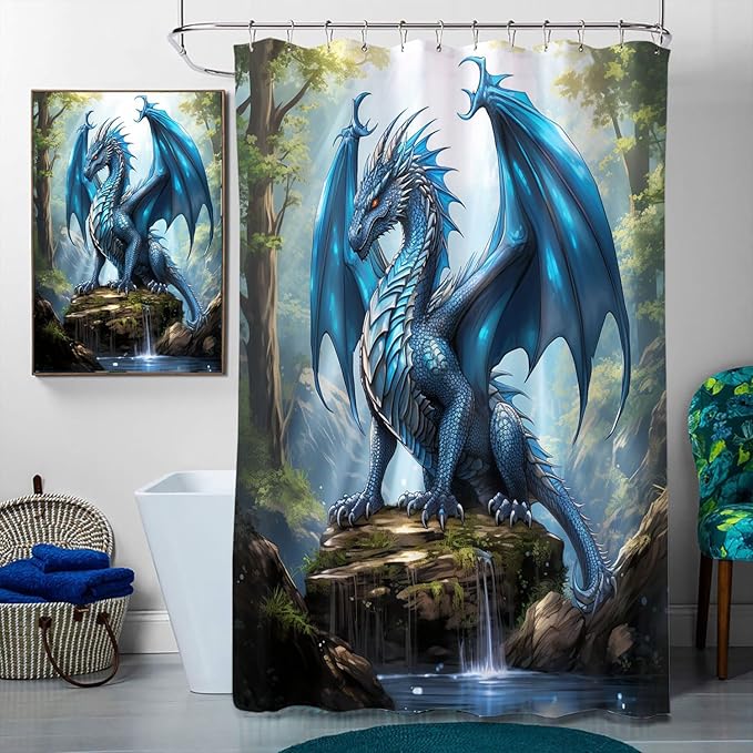 4 Pcs Dragon Forest Shower Curtain Set with Rugs,Toilet Lid Cover, Bath Mat, Fantasy Theme Magic Animal Bathroom Shower Curtain with 12 Hooks Accessories Decorative