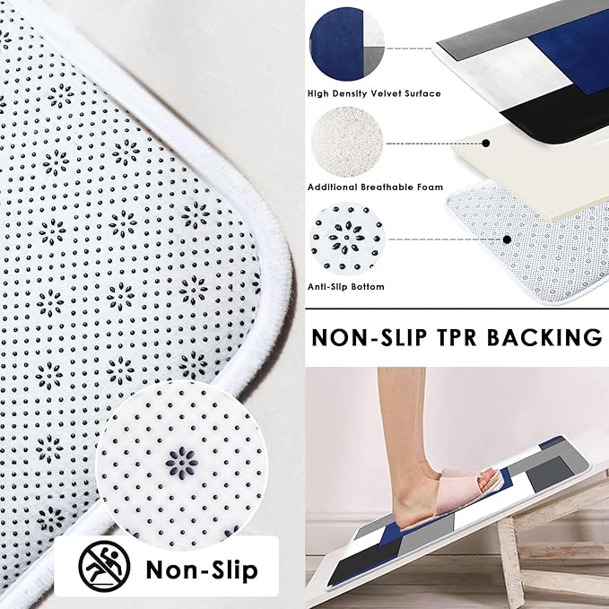 Navy Blue Geometric Shower Curtain Set with Toilet Lid Cover and Non-Slip Rugs for Bathroom, Black White Grey Checkered 4 Pcs Shower Curtain, Modern Abstract Bathroom Set with 12 Hooks