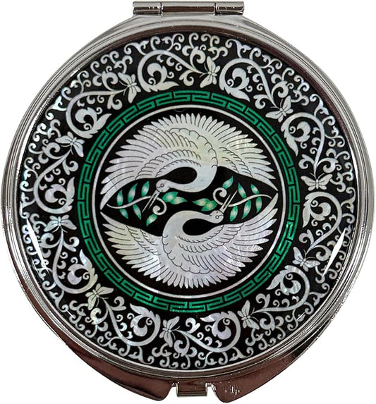 Portable Makeup Compact Double Magnifying Mirror Cosmestic Foldable Pocket Style Unique Mother of Pearl Design (Crane)