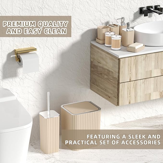 XLHOMO Bathroom Accessories Set - Gorgeous Beige Bathroom Set, 10PC Bathroom Accessory Set, Toilet Brush, Trash Can & Soap Dispenser