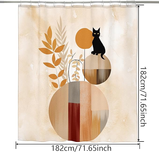 HMS Happy Memories Bohemian Plant Boho Floral Print Shower Curtain, Polyester Fabric Cloth for Bathroom Decor 72×72 Inch Standard Size with 12 Hooks, Also as Room Divider (Leaf Cat)