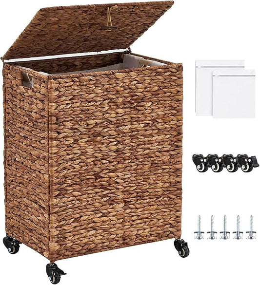 Hand-Woven Laundry Basket with Wheels, Natural Water Hyacinth Laundry Hamper with Lid, Removable & Machine-Washable Liner,Clothes Hamper for Bathroom and Laundry Room(90L,Espresso)