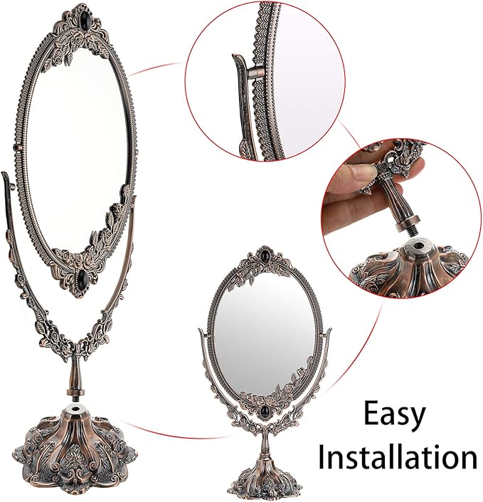 JUXYES Metal Tabletop Antique Decorative Makeup Mirror with Stand, Vintage Swivel Double Sided Cosmetic Mirror with Frame, Retro Desktop Oval Dressing Mirror for Bathroom Bedroom