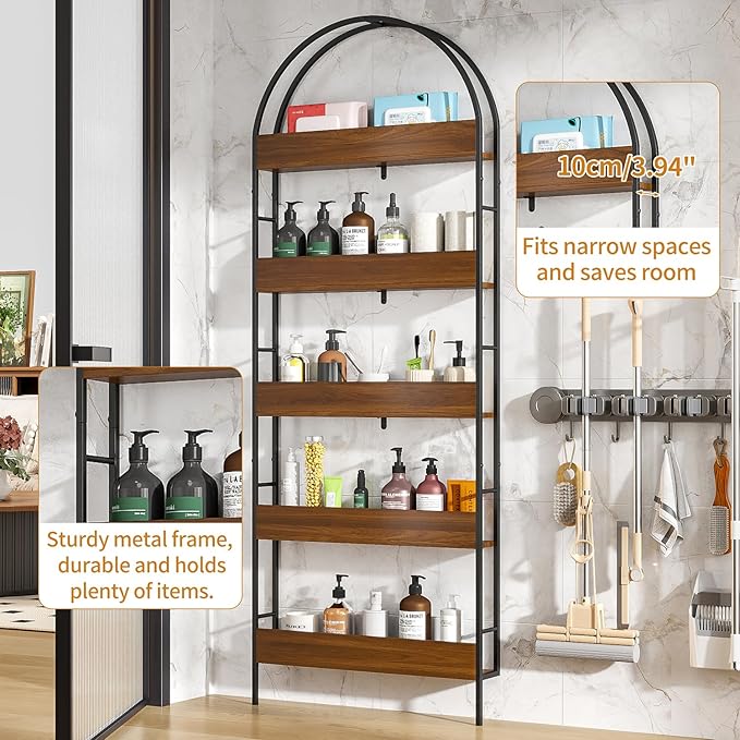 Behind The Door Storage, 5-Tier Narrow Bathroom Shelf, Slim Space-Saving Storage Organizer, Freestanding Shelving Unit for Laundry Room, Pantry, Kitchen, Closet & Small Spaces