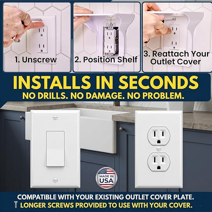 BeraTek Power Perch Wall Outlet Shelf with Cord Storage Strap - Declutter & Reclaim Counter Space - Bathroom Shelf Alexa Holder, Charging Stand, Apple Homepod Mini Wall Mount - White, 1-Pack