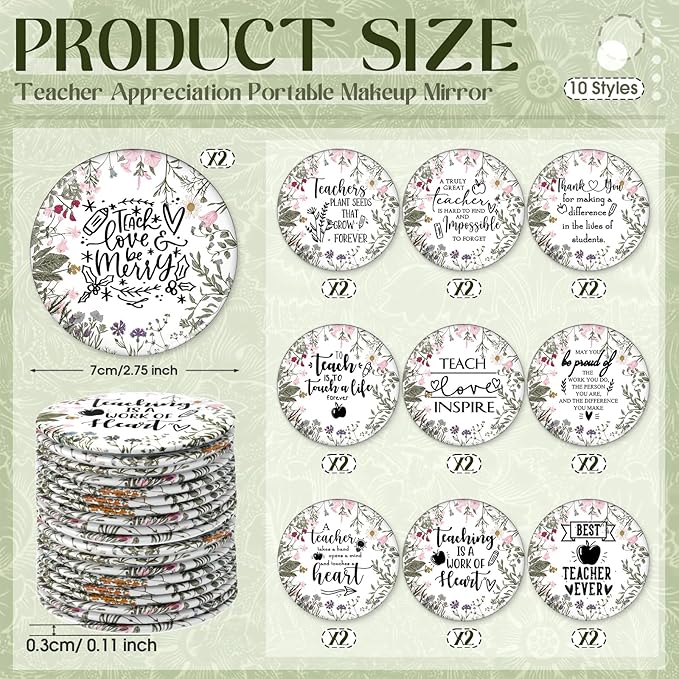 Geelin 20 Pcs Teacher Appreciation Gifts Bulk Mini Compact Makeup Mirrors Gift for Teacher Appreciation Week Graduation Team Group(Wildflowers Bottom)