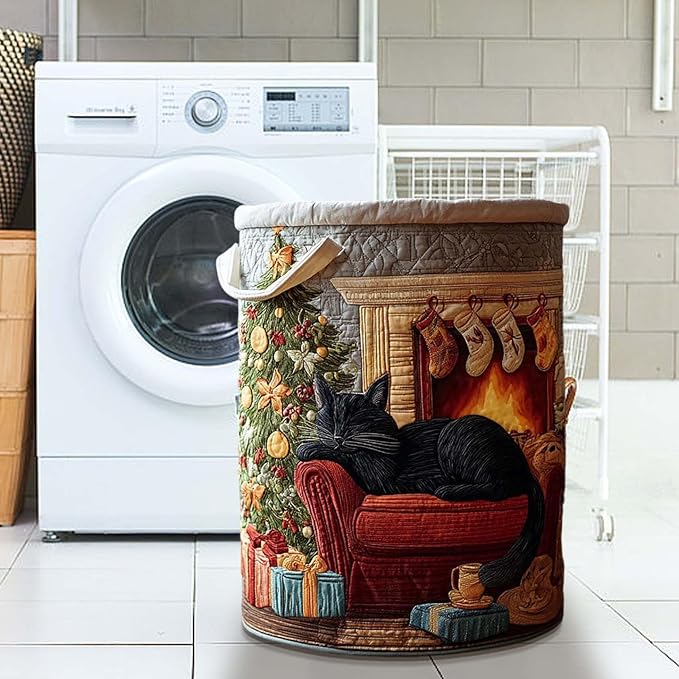 Cute Cat Quilted Laundry Basket with Handles, Boho Floral Fabric Quilted Laundry Basket, Large Soft Collapsible Storage Hamper for Nursery, Bedroom, Bathroom, Clothes & Toy Organization (#03)