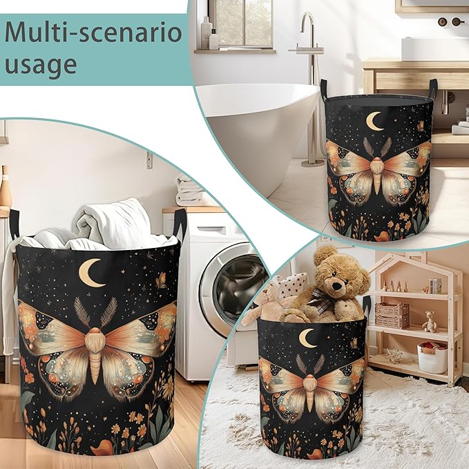 Starry Night Moths Butterfly Round Laundry Basket Collapsible Laundry Hamper with Handles Toys Clothes Organizer Bin For Home Bathroom Bedroom Dorm Nursery