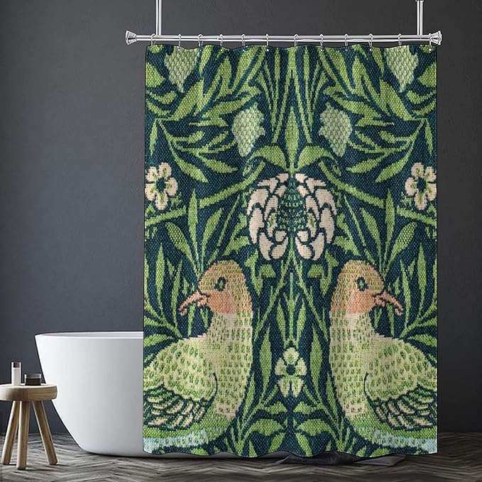 Boho Bird Shower Curtain William Morris Art Print Retro Bird Plant Natural Flower Pattern Print Shower Curtains 72""×72"" Inch, Style-6