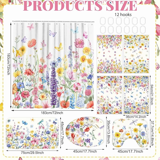 Tatuo 8 Pcs Spring Wildflower Shower Curtain Set Watercolor Floral Bathroom Accessories Decor Farmhouse Plants Butterfly Waterproof Shower Curtain with Towels Carpet Bath Mat Toilet Rugs and 12 Hooks