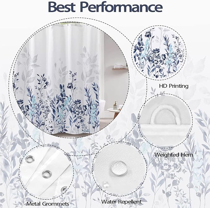 Neasow Blue and Grey Shower Curtain, Watercolor Floral Bathroom Curtain Teal and White Shower Curtains 72×78 inches