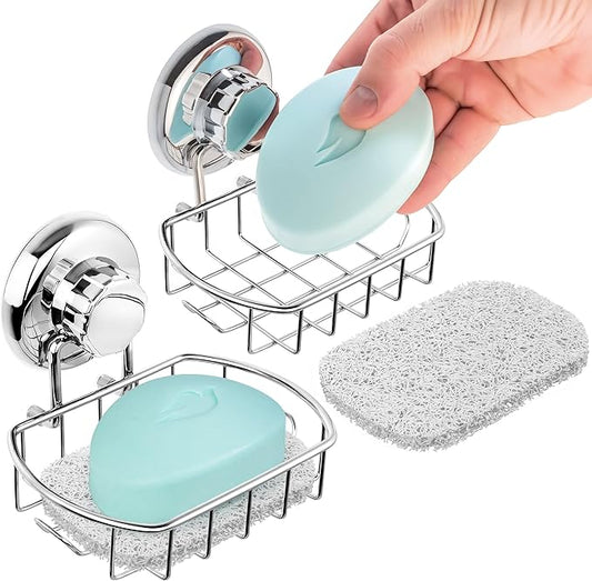 HASKO 2-Pack Suction Cup Soap Holder – Bar Soap Dish for Shower with Hooks for Bathroom – Optional Mounting with Adhesive Tape – Includes 2 Soap Savers – Polished Stainless Steel SS304