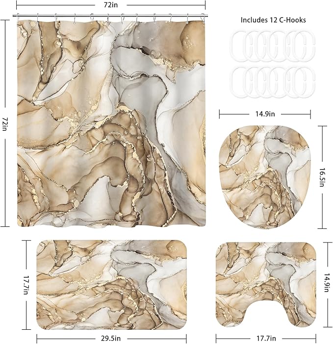 4PCS Beige Marble Bathroom Sets with Shower Curtain and Rugs, Abstract Shower Curtain Sets with Rugs for Bathroom Decor, Bathroom Curtains Shower Set with Toilet Lid Cover Accessories