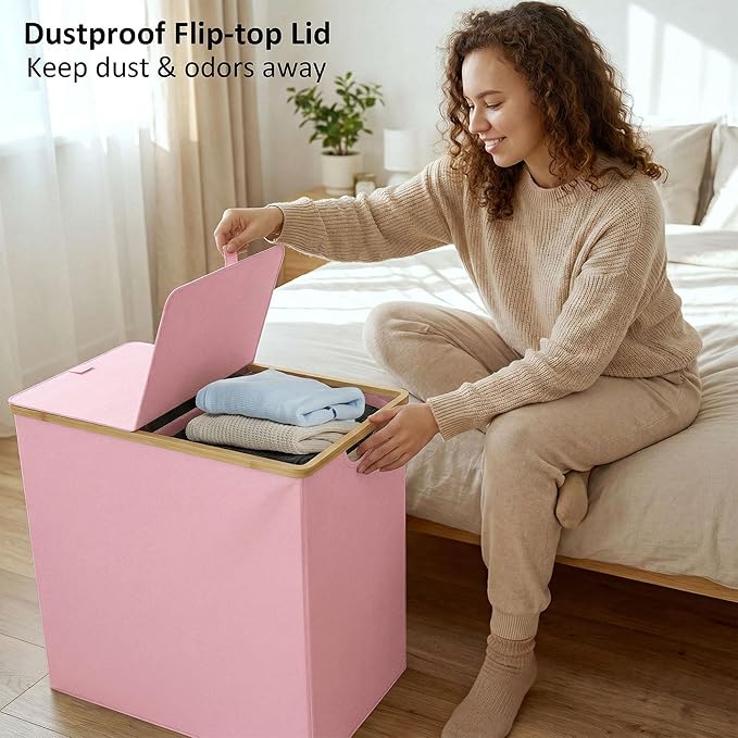 efluky Laundry Hamper with Lid, Double Laundry Hamper with 2 Removable Bags, 2 Section Laundry Basket with Bamboo Handles for Bathroom, Bedroom & Laundry Room (Pink, 140L Dual)