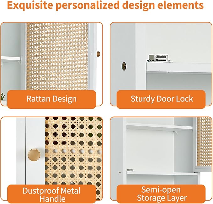 Bathroom Wall Cabinet, Bamboo Medicine Cabinet with Rattan Doors, Adjustable Shelf, Wall Mounted Storage Cabinet for Bathroom, Kitchen, Laundry Room White