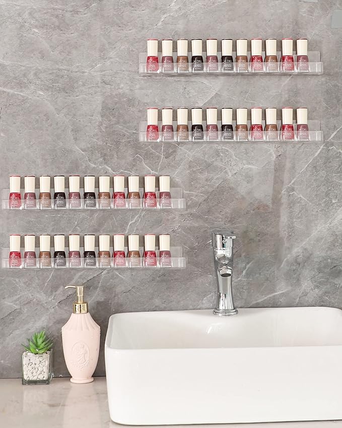 LikeU Nail Polish Rack Wall Mounted Shelf 2 Pack,Clear Acrylic Nail Polish Holder Organizer with Removable Anti-Slip End Inserts,2 Tiers Floating Polish Organizer Display 30 Bottles