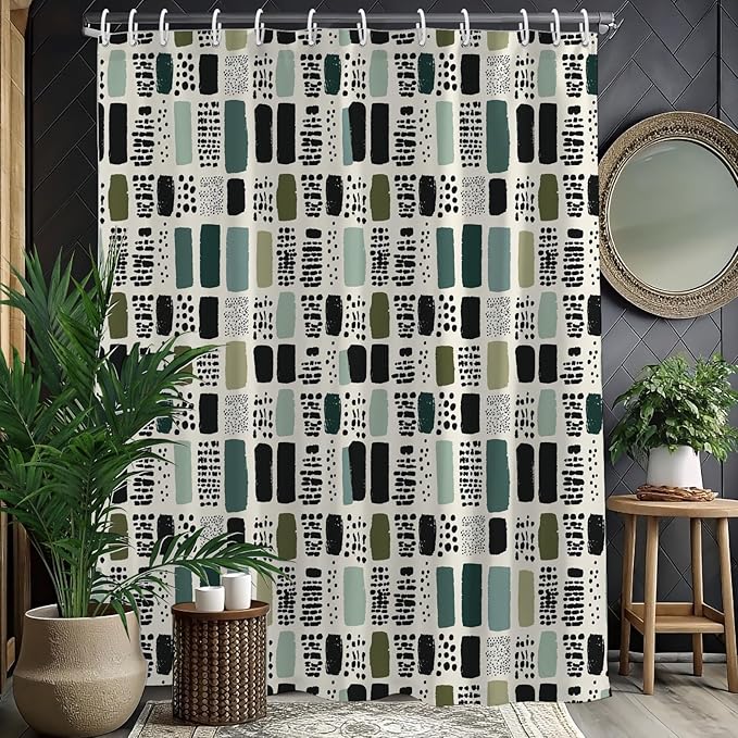 Sage Green Shower Curtain for Bathroom,Bohemian Green Checkered Waterproof Polyester Shower Curtain,Funny Sage Geometric Bathroom Decor,72x72 Inch