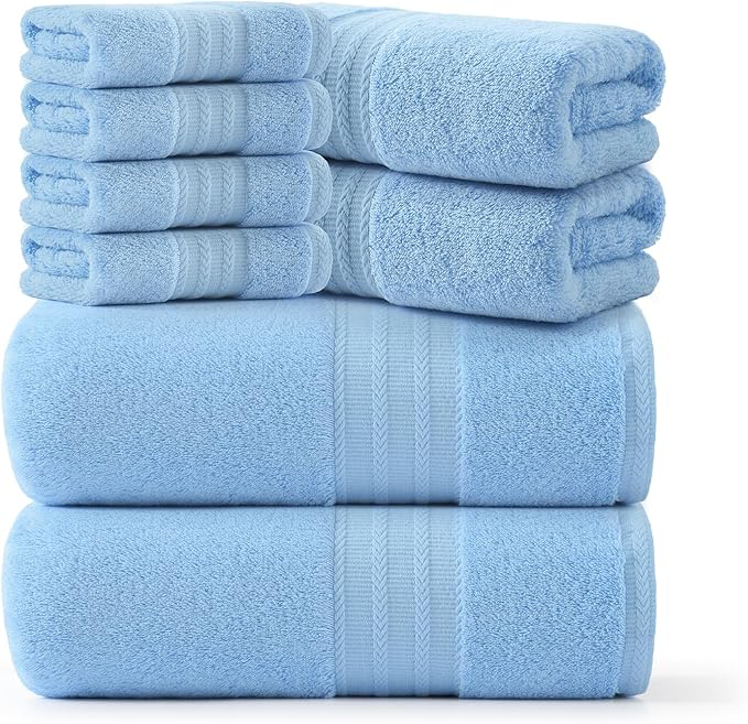 REDKISS 8 Piece Blue Towels Set - 100% Cotton Towels Set with 2 Large Bath Towels, 2 Hand, 4 Washcloths, 600 GSM Highly Absorbent Bath Towel Sets, Blue Quick Dry Shower Towel for Family Dorm Gym