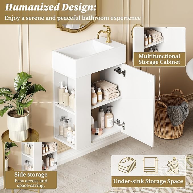 Virubi 18.5" Floating Bathroom Vanity with Sink, Soft Closing Doors, Wood Modern Single Small Bathroom Vanity Cabinet with Open Shelf, Wall Mounted (White, Left Shelves)