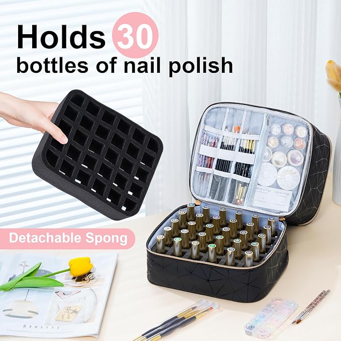 Uross Nail Polish Organizer Bag Holds 30 Bottles Nail Polish & Nail Kit -Nail Polish Storage Organizer Bag Nail Supplies Organizer Case for Nail Tech - Black
