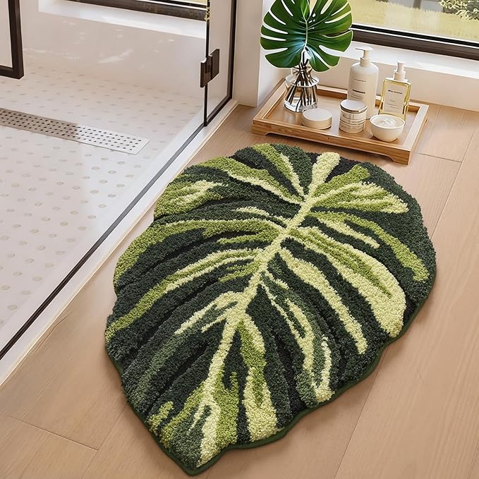 LUMI Cute Bathroom Rugs with Green Leaf Plant, Soft, Fluffy, Plush, Absorbent, Quick Dry, Non Slip, Machine Washable for Shower Floor, Bathroom, Bedroom, Kids Room, 24"x32", Dark Monstera