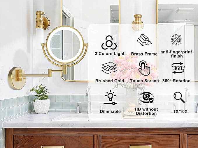 8" Wall Mounted Lighted Makeup Mirror with Magnification Rechargeable, 1X/10X Double Sided, 3 Color Lighting Touch Dimmable 360 Swivel Extendable Arm Vanity Shaving Mirror, Brushed Moderne Brass