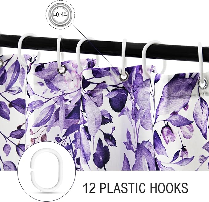 Gibelle Purple Eucalyptus Shower Curtain, Watercolor Plant Leaves with Floral Bathroom Shower Curtain Set, 72x72