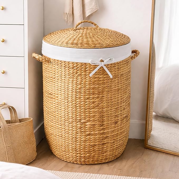 Best Choice Products Round Laundry Hamper w/Lid, Handwoven Laundry Basket, Built-in Handles & Removable Liner for Clothes, Towels, Blanket & Storage Organization - Natural