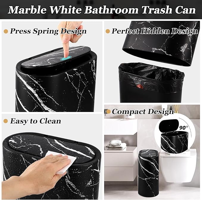 Bathroom Accessories Set, 9-Piece Marble Black Bathroom Set, Black Bathroom Accessories with Slim Trash Can, Soap Dispenser, Toilet Brush, Toothbrush Set, Qtip Holders