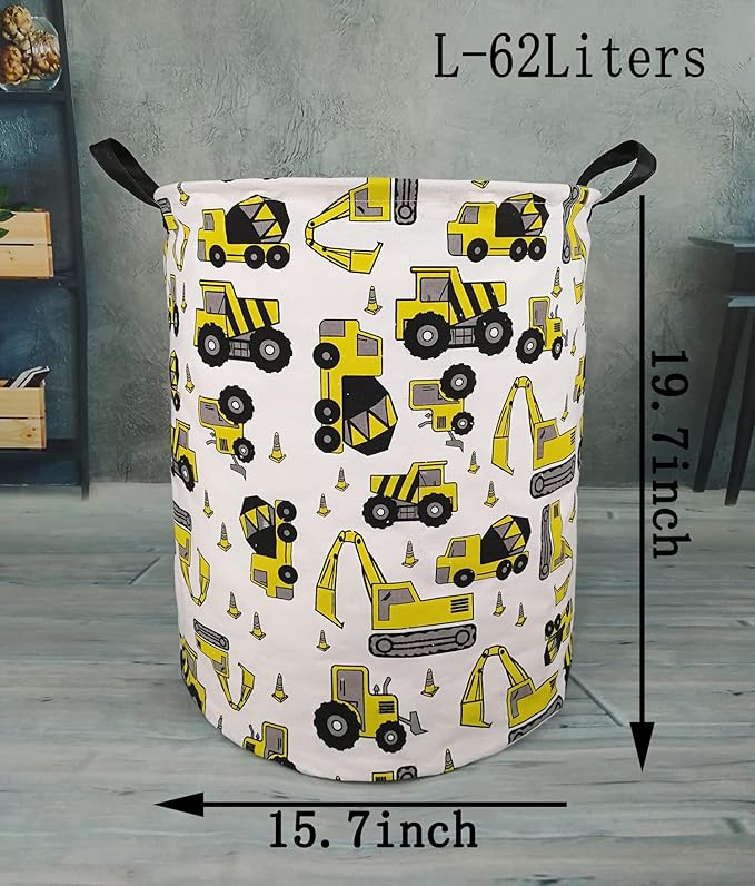 KUNRO Round Laundry Gift Basket Storage Hamper, Clothes Storage Organizer Bins, Shelf Basket with Handles for Room Decor (Excavator)