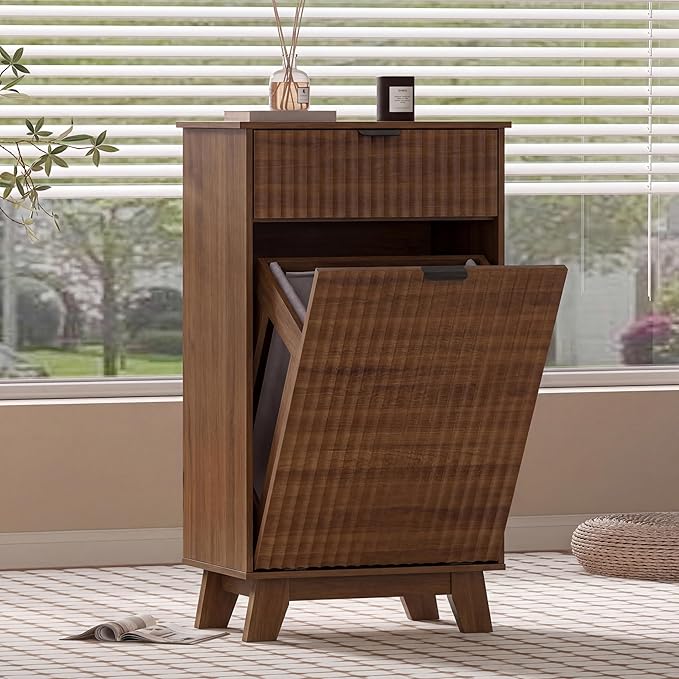 Wodeer Tilt Out Laundry Hamper Cabinet with Storage and Drawer, 10 Gallon Fluted Hidden Trash Can Cabinet, Farmhouse Wood Laundry Basket for Bathroom, Kitchen, Walnut, 20.47" W x 12.99" D x 35.82" H