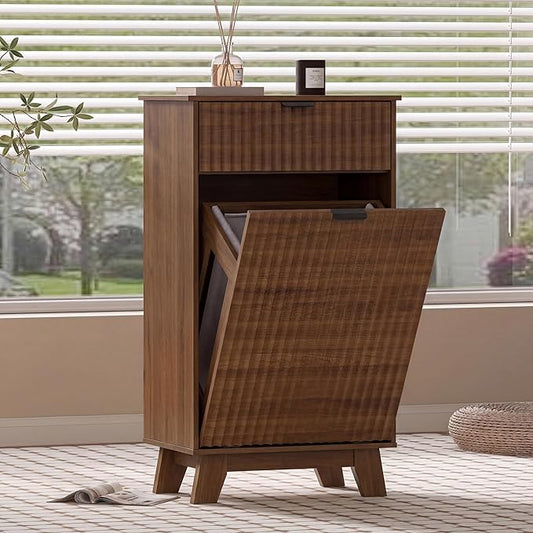 Wodeer Tilt Out Laundry Hamper Cabinet with Storage and Drawer, 10 Gallon Fluted Hidden Trash Can Cabinet, Farmhouse Wood Laundry Basket for Bathroom, Kitchen, Walnut, 20.47" W x 12.99" D x 35.82" H