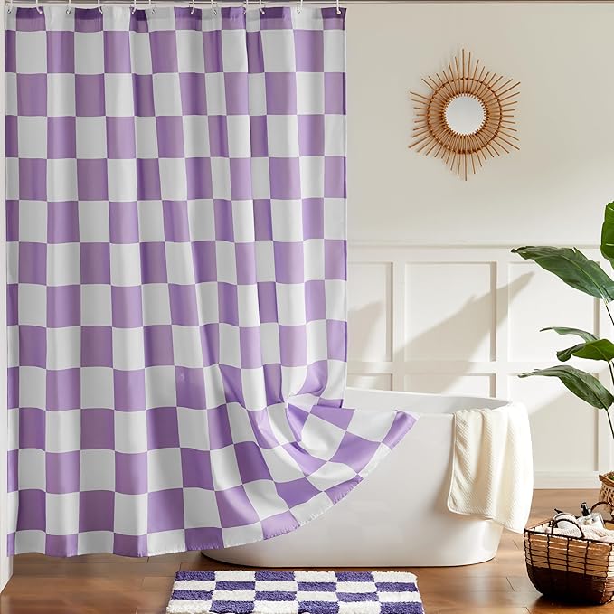 Checkered Shower Curtain, Lavender Purple Shower Curtains for Bathroom, Cute Retro Checkboard Shower Curtain Vintage Aesthetic, Washable Fabric Bath Curtain 72''x72''