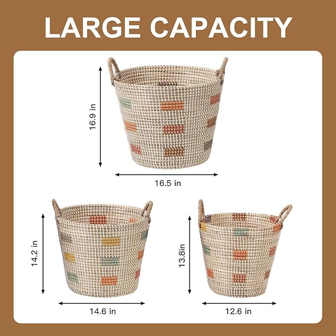Laundry Hamper Basket 3-Piece Set with Handles - Large (45L), Medium (29L), Small (20L) - Natural Seagrass Woven Storage Bins for Clothes, Blankets, Toys, Bedroom & Bathroom Organization