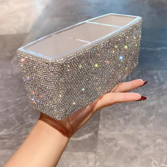 Luxury Bling Triple-Compartment Acrylic Makeup Brush Pen Holder – Creative and Stylish Desk Organizer Storage Box for Eyebrow Pencils, Lipsticks (Silver)