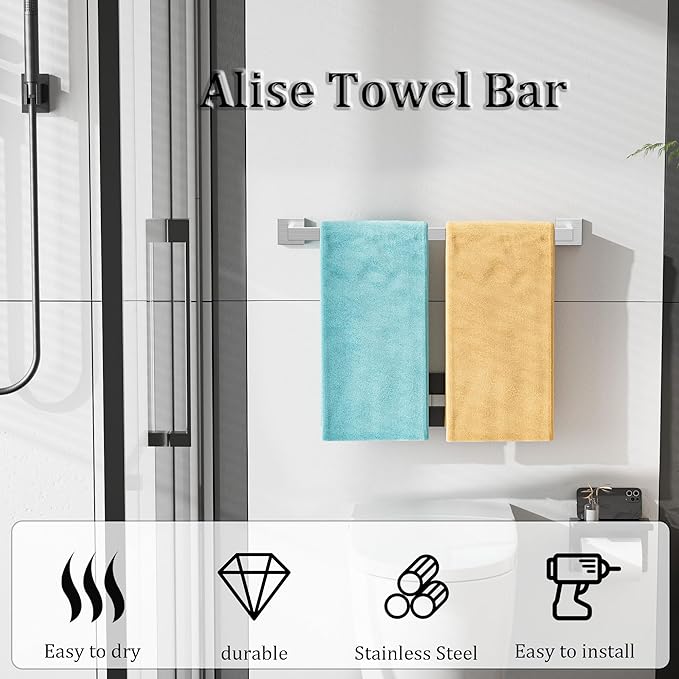 Alise Brushed Nickel Towel Bar, 24 Inch Towel Racks for Bathroom, SUS304 Stainless Steel Towel Holder Wall Mounted, Heavy Duty Towel Hanger for Bathroom & Kitchen (Brushed Nickel)
